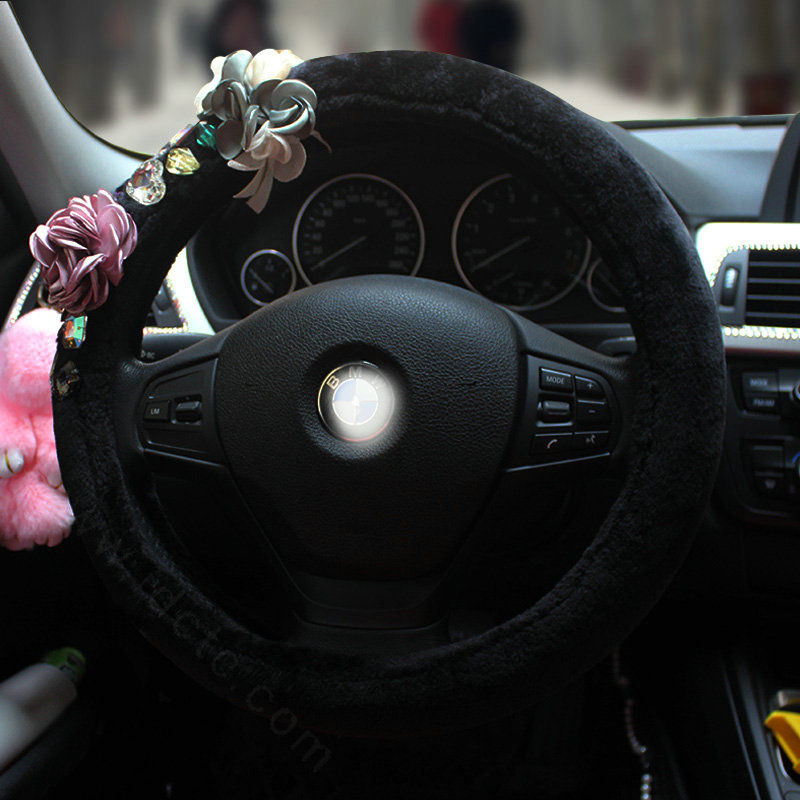 Vintage Women Crystal Flowers Car Steering Wheel Covers Plush 15 inch 38CM - Black