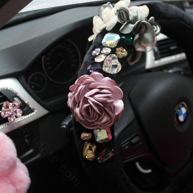 Vintage Women Crystal Flowers Car Steering Wheel Covers Plush 15 inch 38CM - Black
