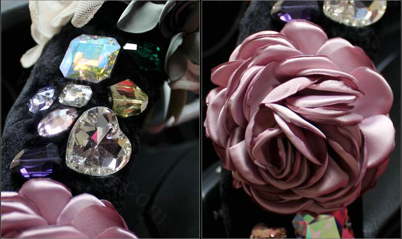 Vintage Women Crystal Flowers Car Steering Wheel Covers Plush 15 inch 38CM - Black