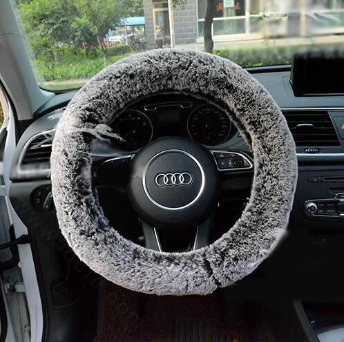 Winter Imitation Rex Rabbit Fur Car Steering Wheel Covers Soft Plush 15 inch 38CM - Black