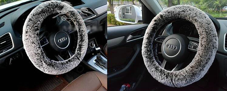 Winter Imitation Rex Rabbit Fur Car Steering Wheel Covers Soft Plush 15 inch 38CM - Black