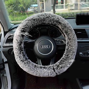 Winter Imitation Rex Rabbit Fur Car Steering Wheel Covers Soft Plush 15 inch 38CM - Black