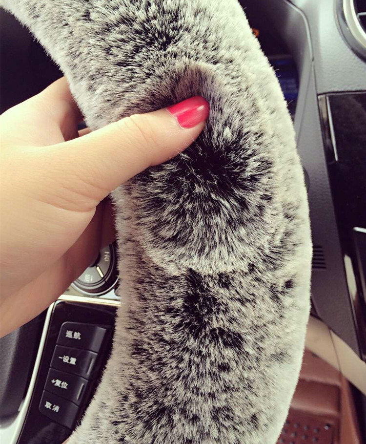 Winter Imitation Rex Rabbit Fur Car Steering Wheel Covers Soft Plush 15 inch 38CM - Gray