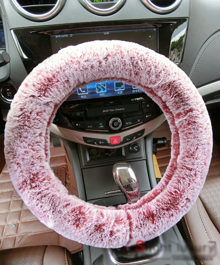 Winter Imitation Rex Rabbit Fur Car Steering Wheel Covers Soft Plush 15 inch 38CM - Red