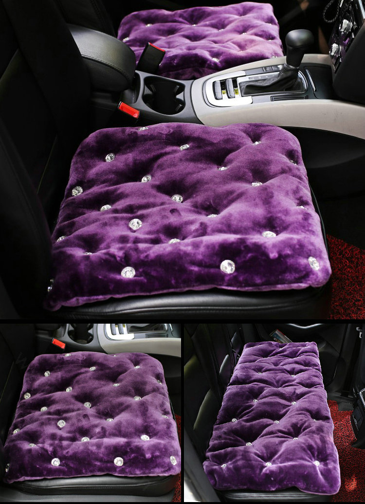 Winter Rhinestone Plush Car Front Seat Cushion For Woman Universal Auto Pads 1pcs - Purple
