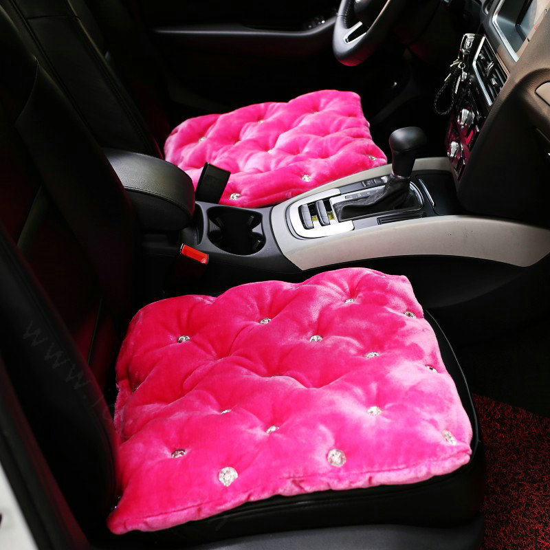 Winter Rhinestone Plush Car Front Seat Cushion For Woman Universal Auto Pads 1pcs - Rose