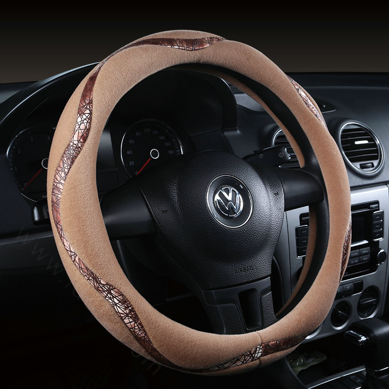 Winter Velvet Handlebar PU Leather Car Steering Wheel Covers 15 inch 38CM - Camel