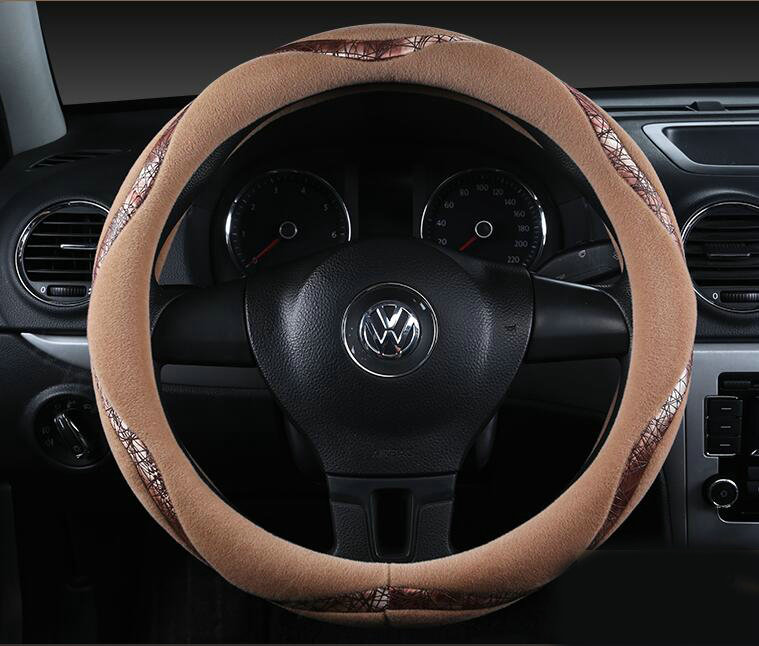 Winter Velvet Handlebar PU Leather Car Steering Wheel Covers 15 inch 38CM - Camel