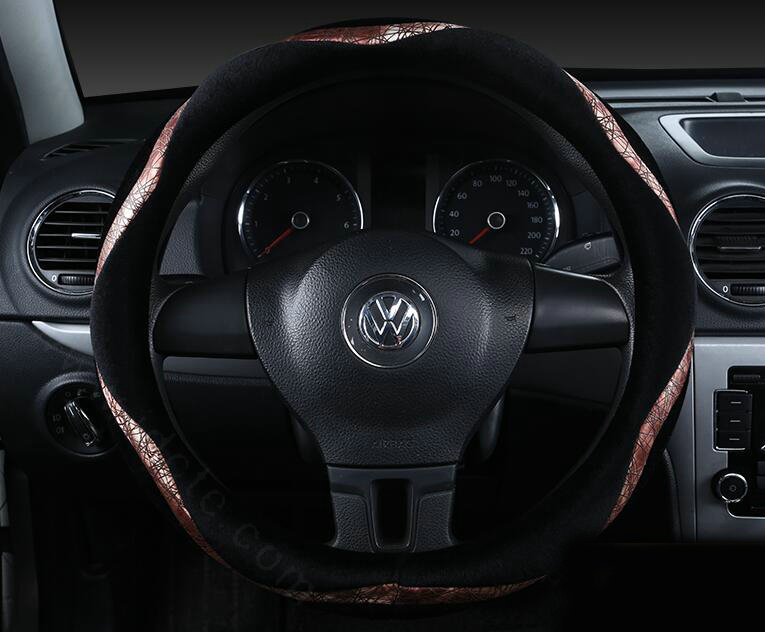 Winter Velvet Handlebar PU Leather Car Steering Wheel Covers 15 inch 38CM - Coffee