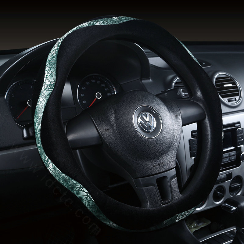 Winter Velvet Handlebar PU Leather Car Steering Wheel Covers 15 inch 38CM - Green