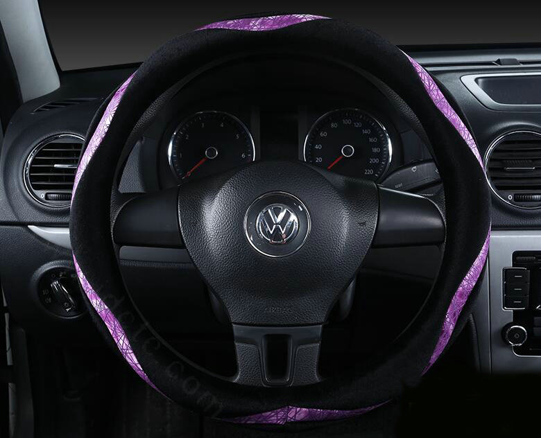 Winter Velvet Handlebar PU Leather Car Steering Wheel Covers 15 inch 38CM - Purple