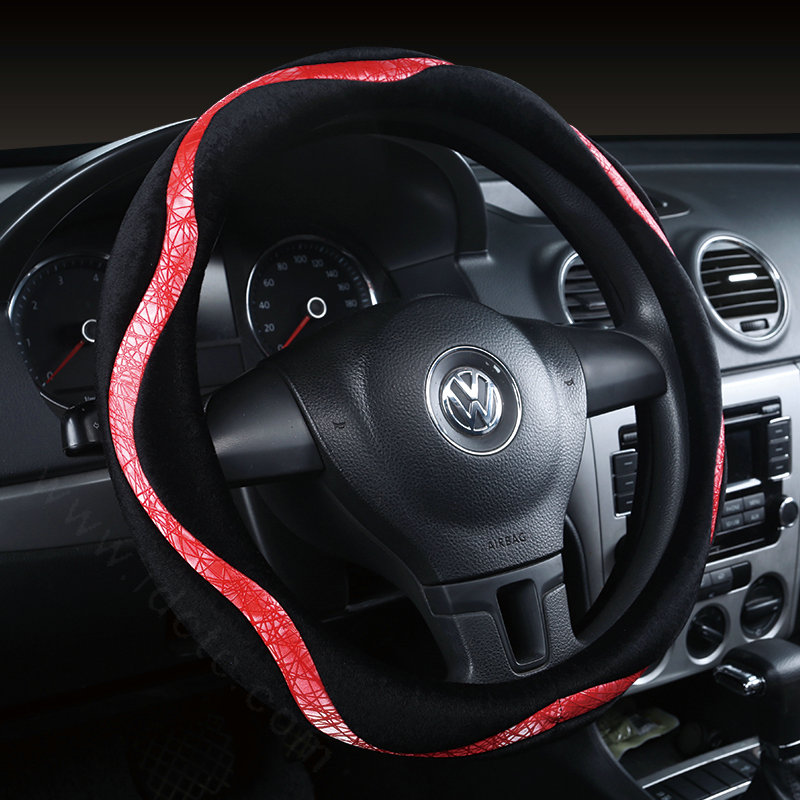 Winter Velvet Handlebar PU Leather Car Steering Wheel Covers 15 inch 38CM - Red