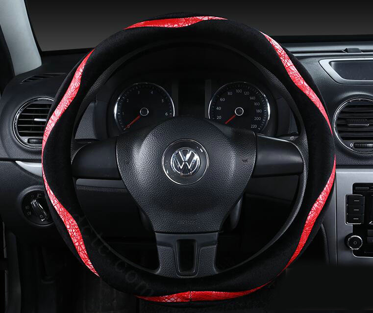 Winter Velvet Handlebar PU Leather Car Steering Wheel Covers 15 inch 38CM - Red