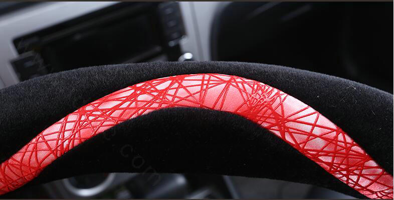 Winter Velvet Handlebar PU Leather Car Steering Wheel Covers 15 inch 38CM - Red