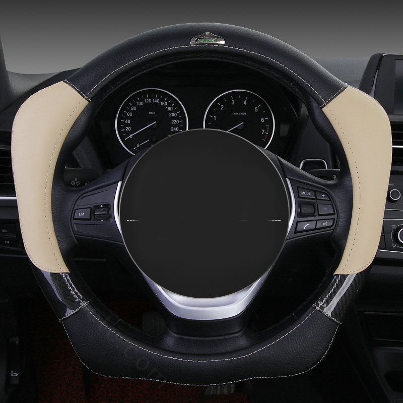 With Logo Sports Grip Auto Steering Wheel Covers Genuine Leather 15 inch 38CM - Beige Black