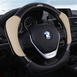 With Logo Sports Grip Auto Steering Wheel Covers Genuine Leather 15 inch 38CM - Beige Black