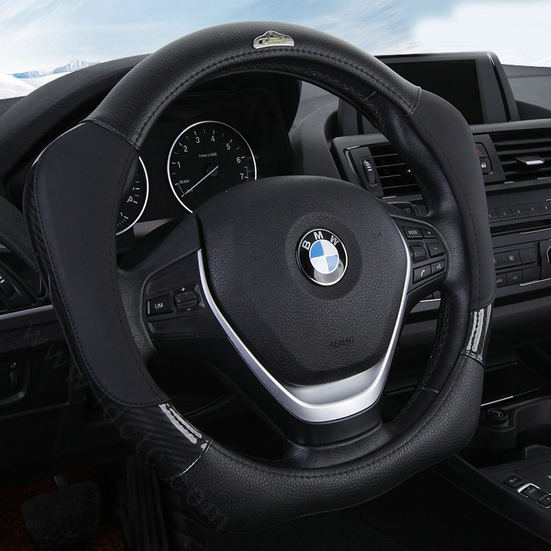 With Logo Sports Grip Auto Steering Wheel Covers Genuine Leather 15 inch 38CM - Black