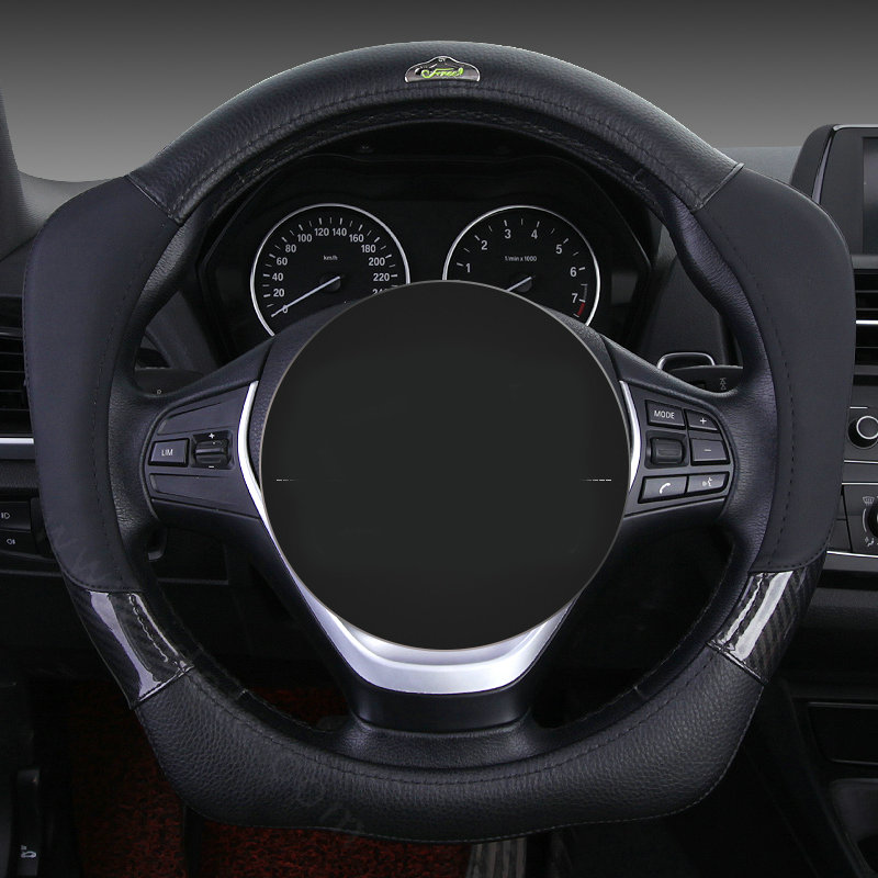 With Logo Sports Grip Auto Steering Wheel Covers Genuine Leather 15 inch 38CM - Black