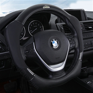 With Logo Sports Grip Auto Steering Wheel Covers Genuine Leather 15 inch 38CM - Black