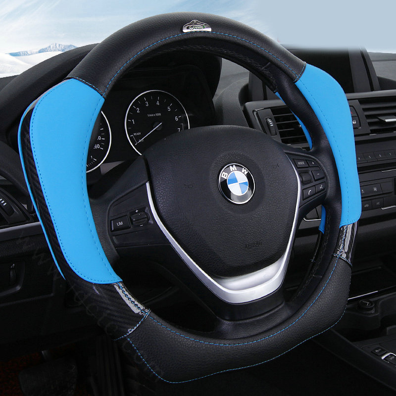 With Logo Sports Grip Auto Steering Wheel Covers Genuine Leather 15 inch 38CM - Blue Black