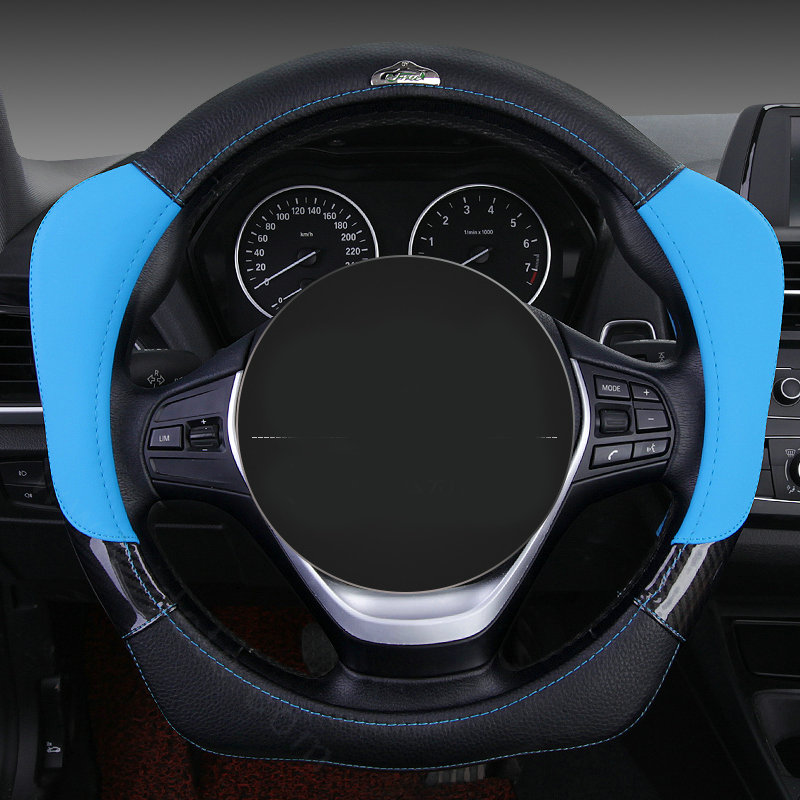 With Logo Sports Grip Auto Steering Wheel Covers Genuine Leather 15 inch 38CM - Blue Black