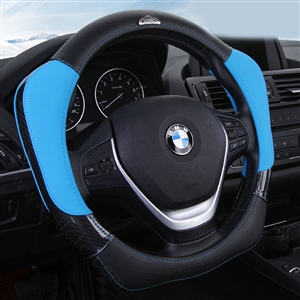 With Logo Sports Grip Auto Steering Wheel Covers Genuine Leather 15 inch 38CM - Blue Black