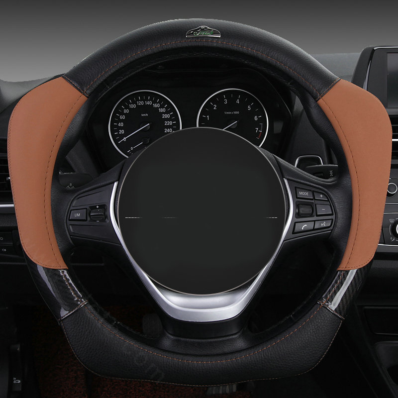 With Logo Sports Grip Auto Steering Wheel Covers Genuine Leather 15 inch 38CM - Coffee Black