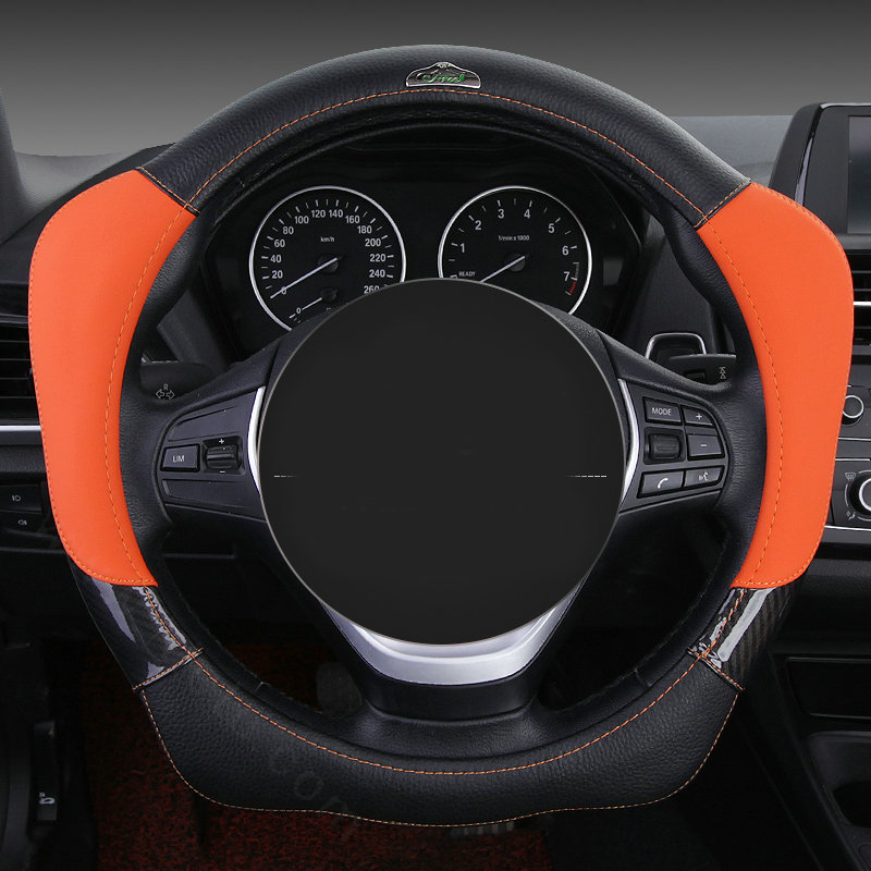 With Logo Sports Grip Auto Steering Wheel Covers Genuine Leather 15 inch 38CM - Orange Black