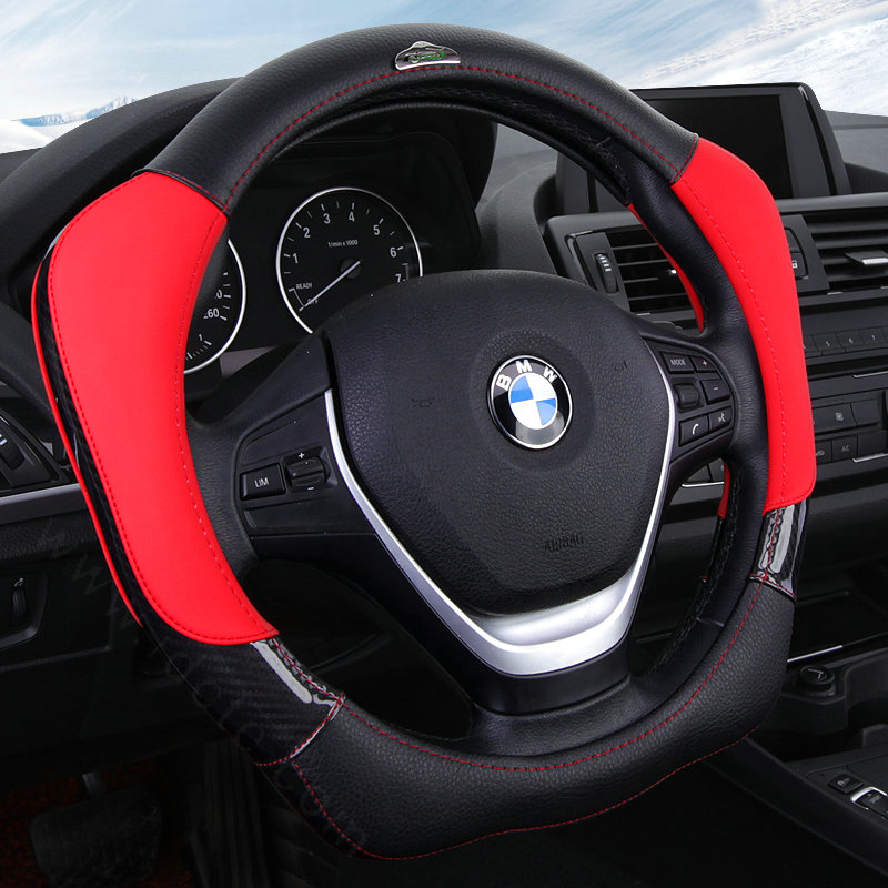 With Logo Sports Grip Auto Steering Wheel Covers Genuine Leather 15 inch 38CM - Red Black