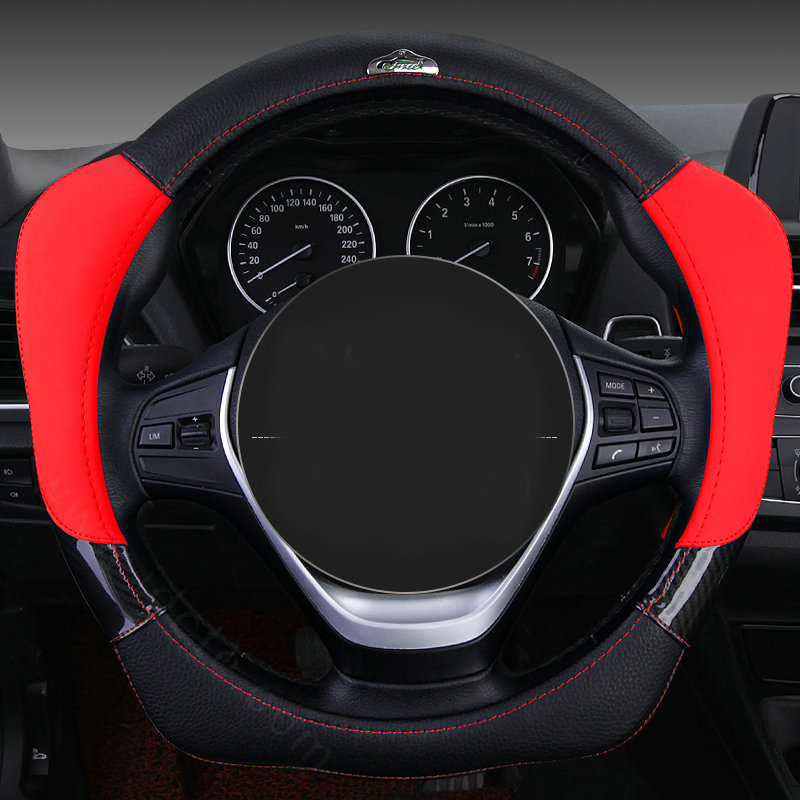 With Logo Sports Grip Auto Steering Wheel Covers Genuine Leather 15 inch 38CM - Red Black