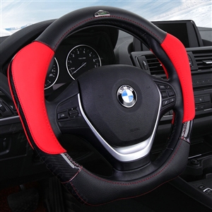 With Logo Sports Grip Auto Steering Wheel Covers Genuine Leather 15 inch 38CM - Red Black
