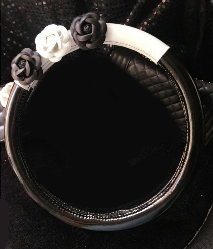 Women Camellia Flower Pu Leather Vehicle Steering Wheel Covers 15 inch 38CM - Black