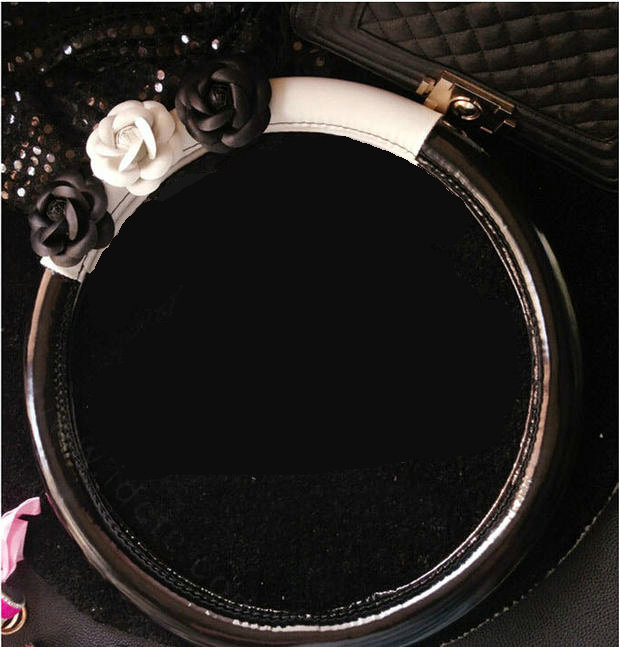 Women Camellia Flower Pu Leather Vehicle Steering Wheel Covers 15 inch 38CM - Black