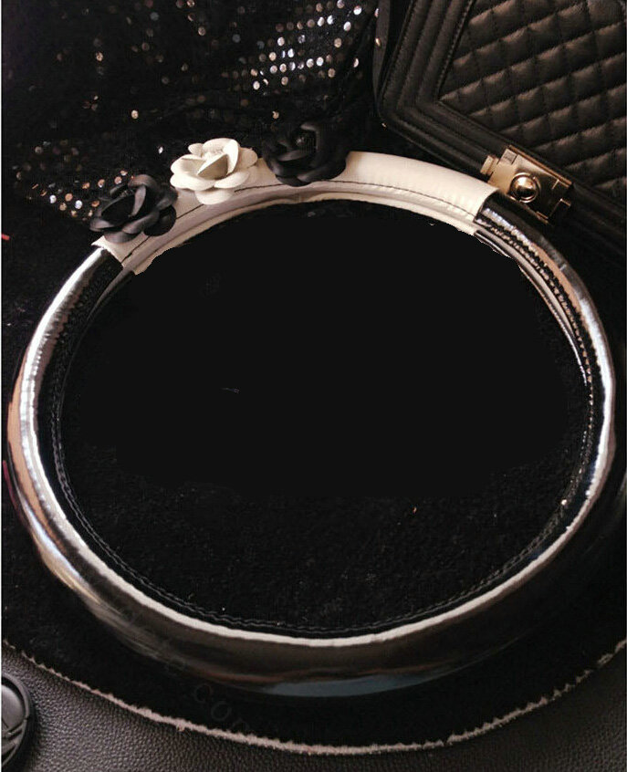 Women Camellia Flower Pu Leather Vehicle Steering Wheel Covers 15 inch 38CM - Black