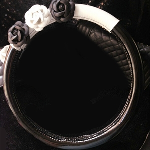 Women Camellia Flower Pu Leather Vehicle Steering Wheel Covers 15 inch 38CM - Black