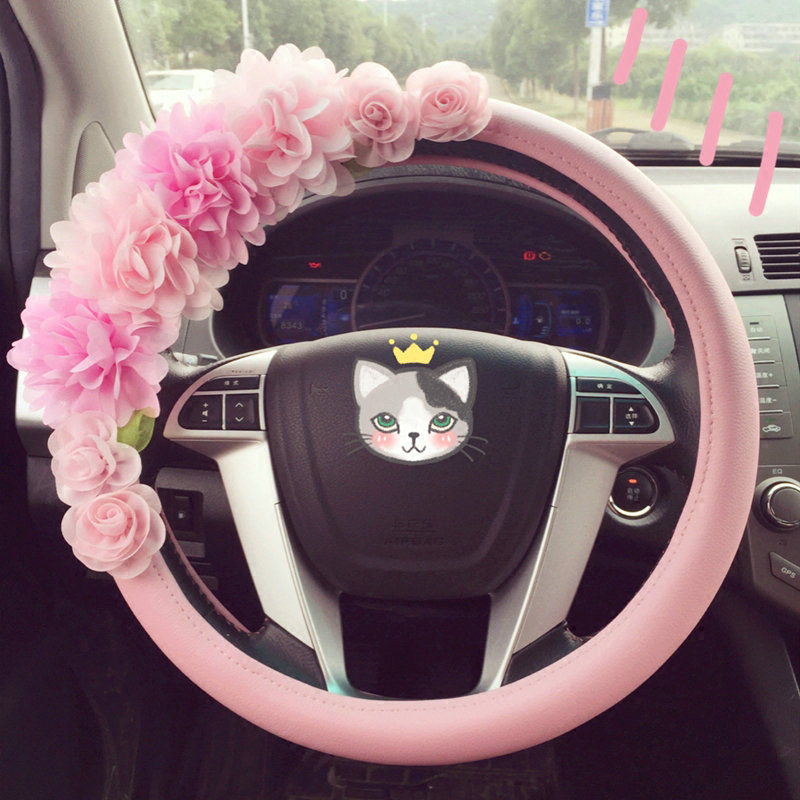 Women Cute Flower Genuine Leather Vehicle Steering Wheel Covers 15 inch 38CM - Pink