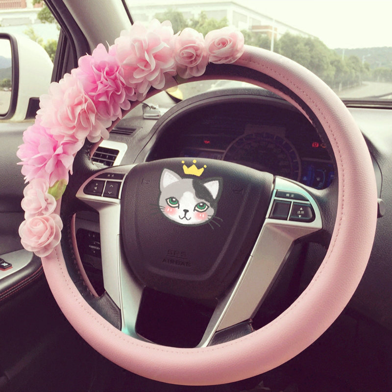 Women Cute Flower Genuine Leather Vehicle Steering Wheel Covers 15 inch 38CM - Pink