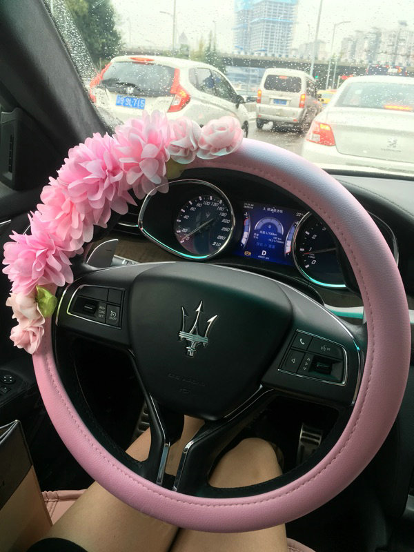 Women Cute Flower Genuine Leather Vehicle Steering Wheel Covers 15 inch 38CM - Pink