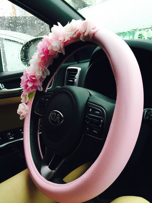 Women Cute Flower Genuine Leather Vehicle Steering Wheel Covers 15 inch 38CM - Pink