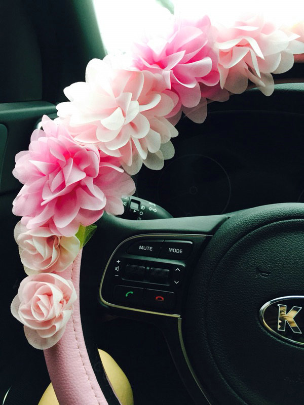Women Cute Flower Genuine Leather Vehicle Steering Wheel Covers 15 inch 38CM - Pink