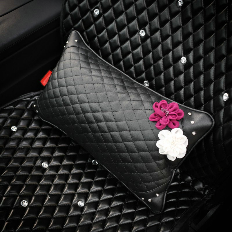 Women Flower Rhinestone Car Seat Waist Pillows PU Leather Lumbar Cushion 1pcs - Black