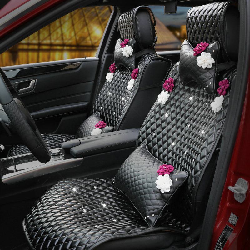 Women Flower Rhinestone Car Seat Waist Pillows PU Leather Lumbar Cushion 1pcs - Black