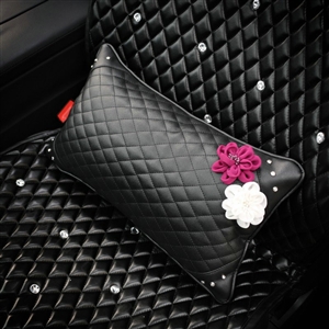 Women Flower Rhinestone Car Seat Waist Pillows PU Leather Lumbar Cushion 1pcs - Black