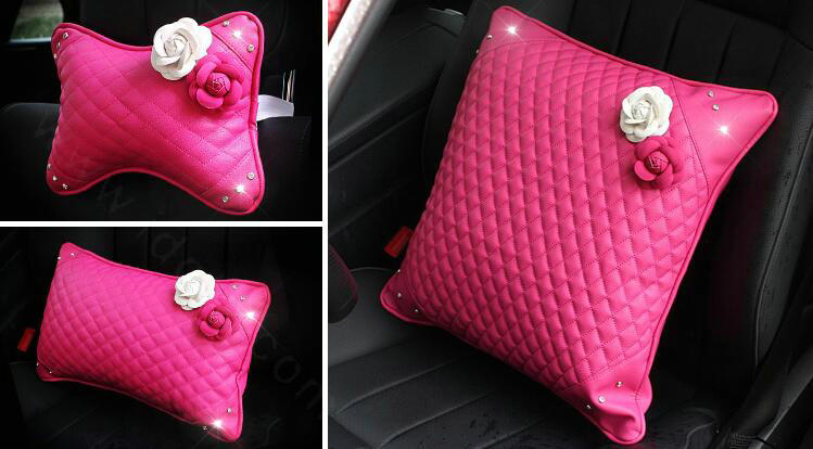 Women Flower Rhinestone Car Seat Waist Pillows PU Leather Lumbar Cushion 1pcs - Rose