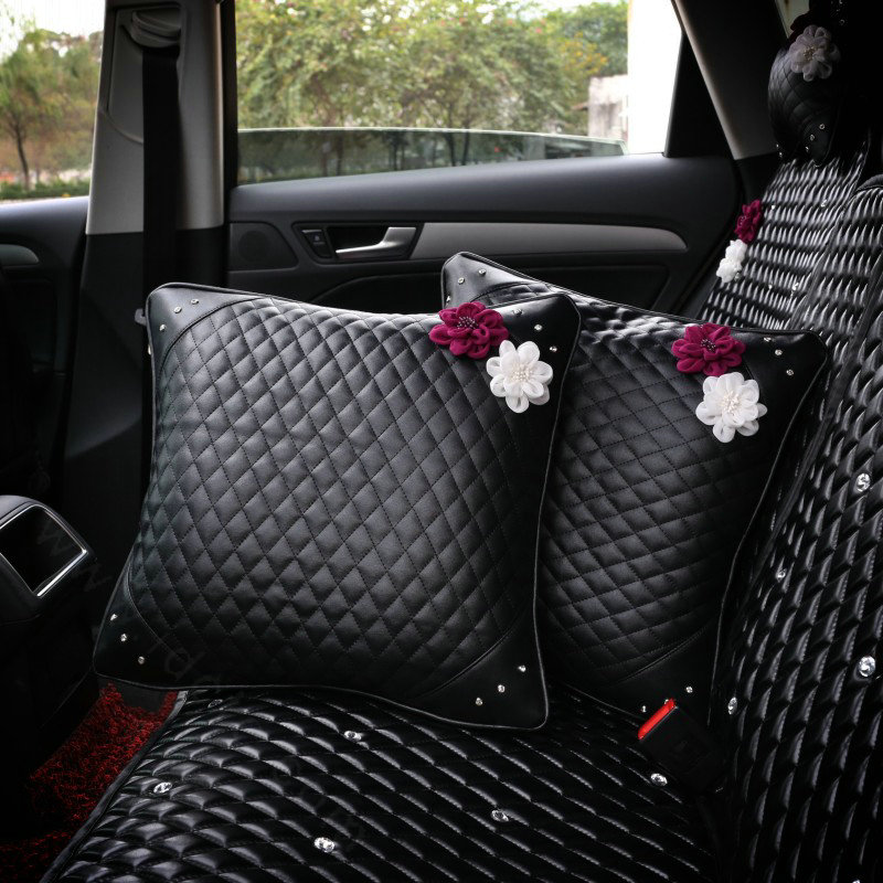 Women Flower Rhinestone Car Seat Waist Pillows PU Leather Square Cushion 1pcs - Black