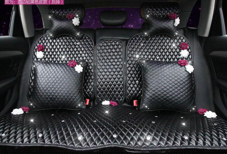 Women Flower Rhinestone Car Seat Waist Pillows PU Leather Square Cushion 1pcs - Black