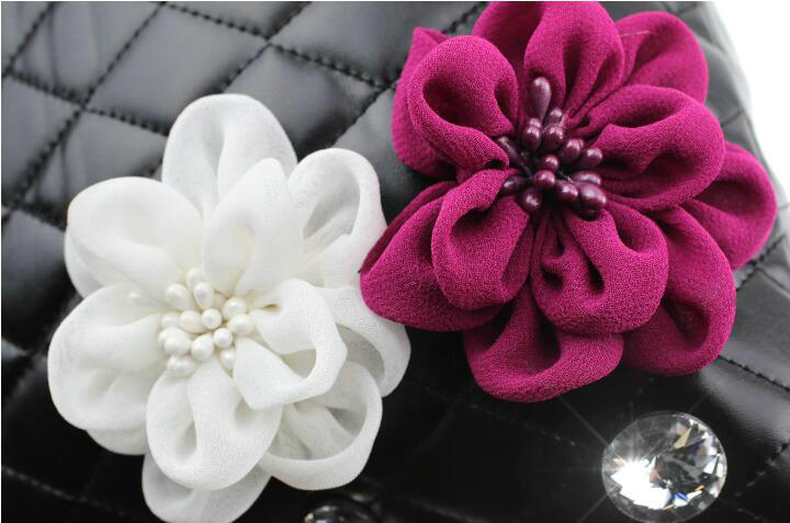 Women Flower Rhinestone Car Seat Waist Pillows PU Leather Square Cushion 1pcs - Black