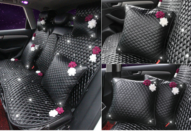 Women Flower Rhinestone Car Seat Waist Pillows PU Leather Square Cushion 1pcs - Black