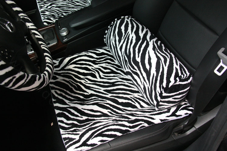 Zebra Print Plush Car Front Seat Cushion Woman Winter Universal Seat Pads 1pcs - Black White