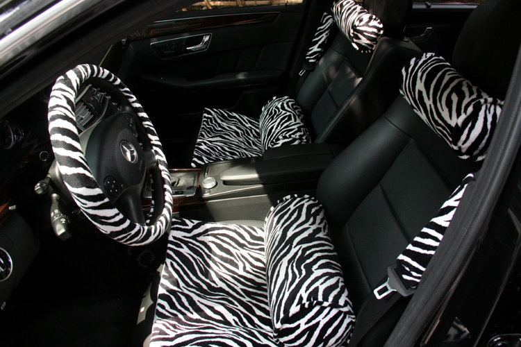 Zebra Print Plush Car Front Seat Cushion Woman Winter Universal Seat Pads 1pcs - Black White